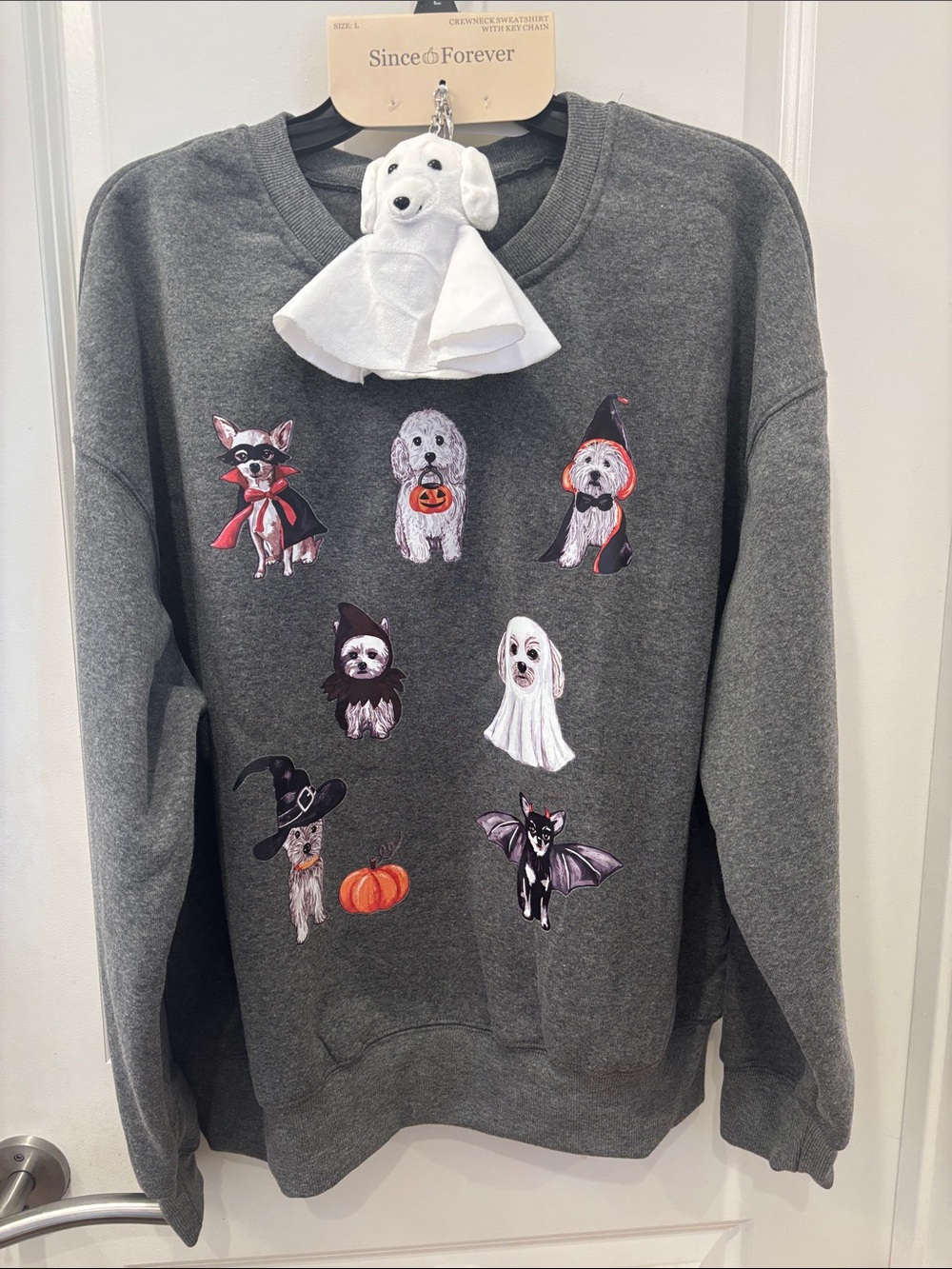 NWT Since Forever Gray Halloween Dog Graphic Sweatshirt & Keychain/bag charm-L